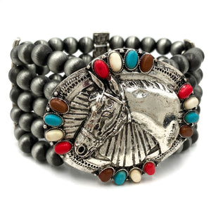 Metal Horse Western Trophy Buckle Chunky Beaded Stretch Bracelet