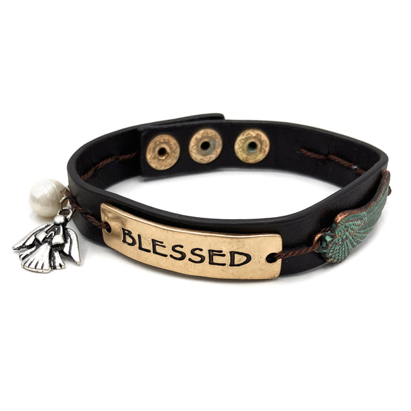 Blessed Wing Angel Charm Leather Wrap Bracelet