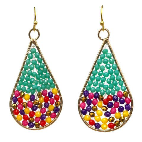 Teal Multicolor Crystal Beads Gold Teardrop Dangle Earrings