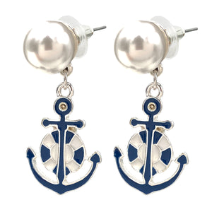 Nautical Anchor Pearl Charm Earrings