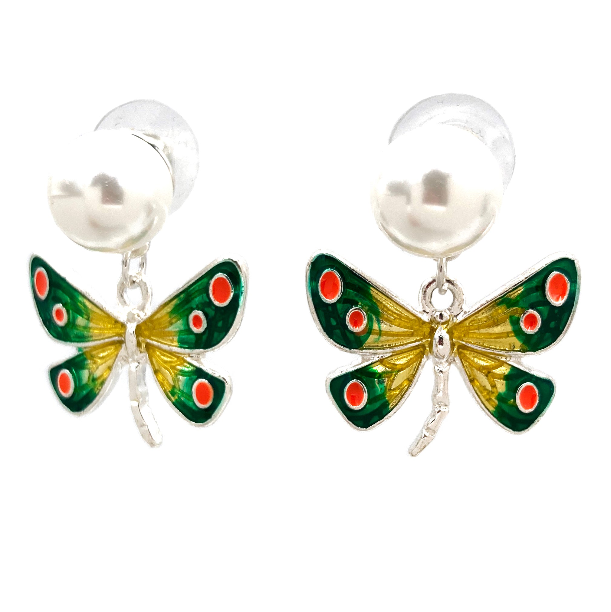 Green Yellow Butterfly Pearl Charm Earrings