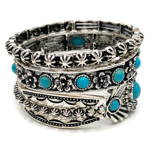 Turquoise Flower Three Piece Western Chunky Stretch Bracelet