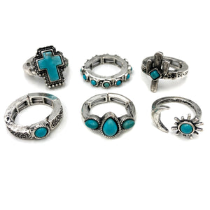 Cross Cactus and Turquoise Western 6 Piece Stretch Ring Set