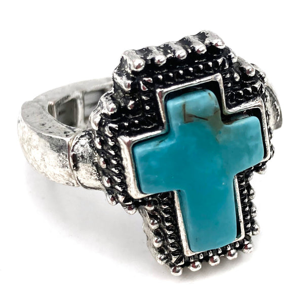 Cross Cactus and Turquoise Western 6 Piece Stretch Ring Set