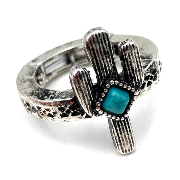 Cross Cactus and Turquoise Western 6 Piece Stretch Ring Set