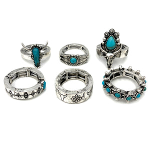 Longhorn and Turquoise Western 6 Piece Stretch Ring Set