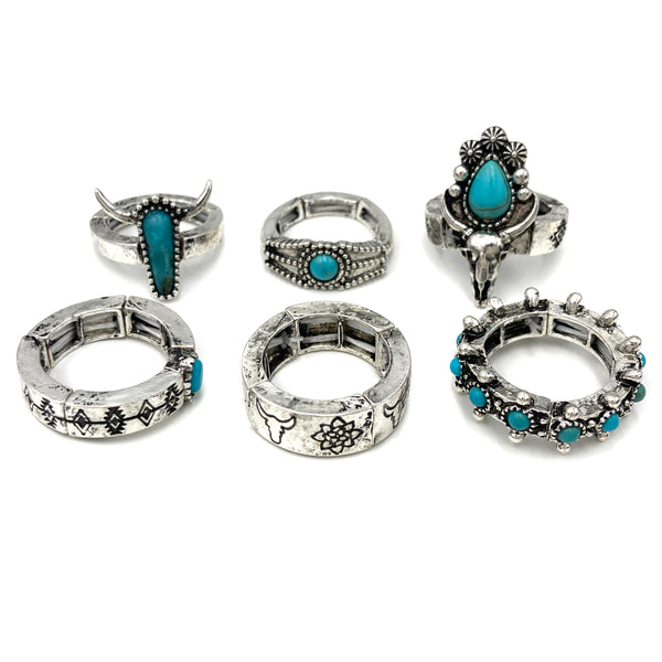 Longhorn and Turquoise Western 6 Piece Stretch Ring Set