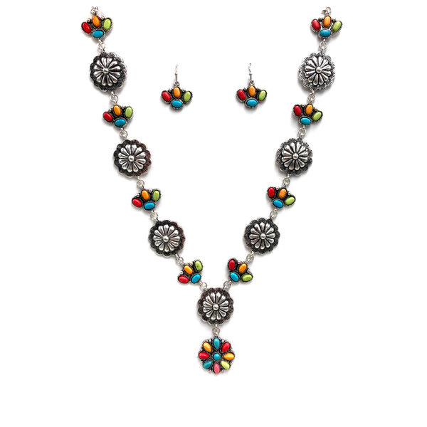 Western Concho Flower Charm Link Turquoise Necklace Earrings Set