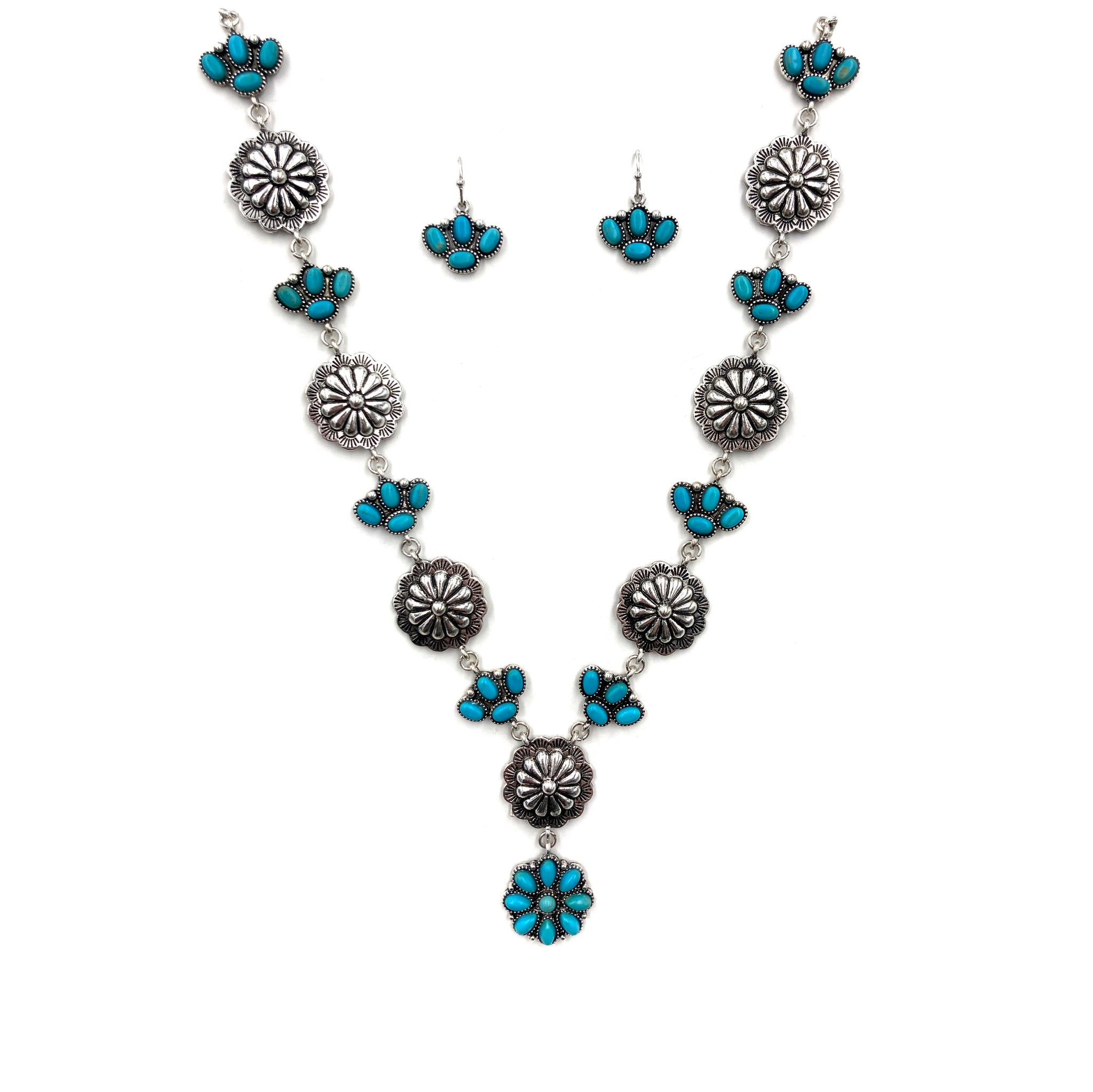 Western Concho Flower Charm Link Turquoise Necklace Earrings Set