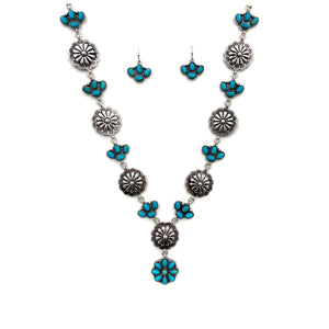 Western Concho Flower Charm Link Turquoise Necklace Earrings Set