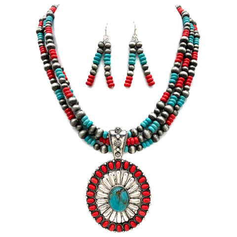 Oval Concho Stone Turquoise Bead Pearl Western Chunky Necklace Earrings Set