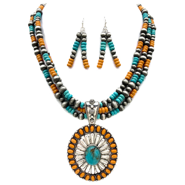 Oval Concho Stone Turquoise Bead Pearl Western Chunky Necklace Earrings Set