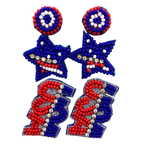 USA Star Red White Blue Three Piece Set Seed Bead Earrings