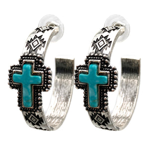 Turquoise Howlite Cross Navajo Pattern C Hoop Earrings