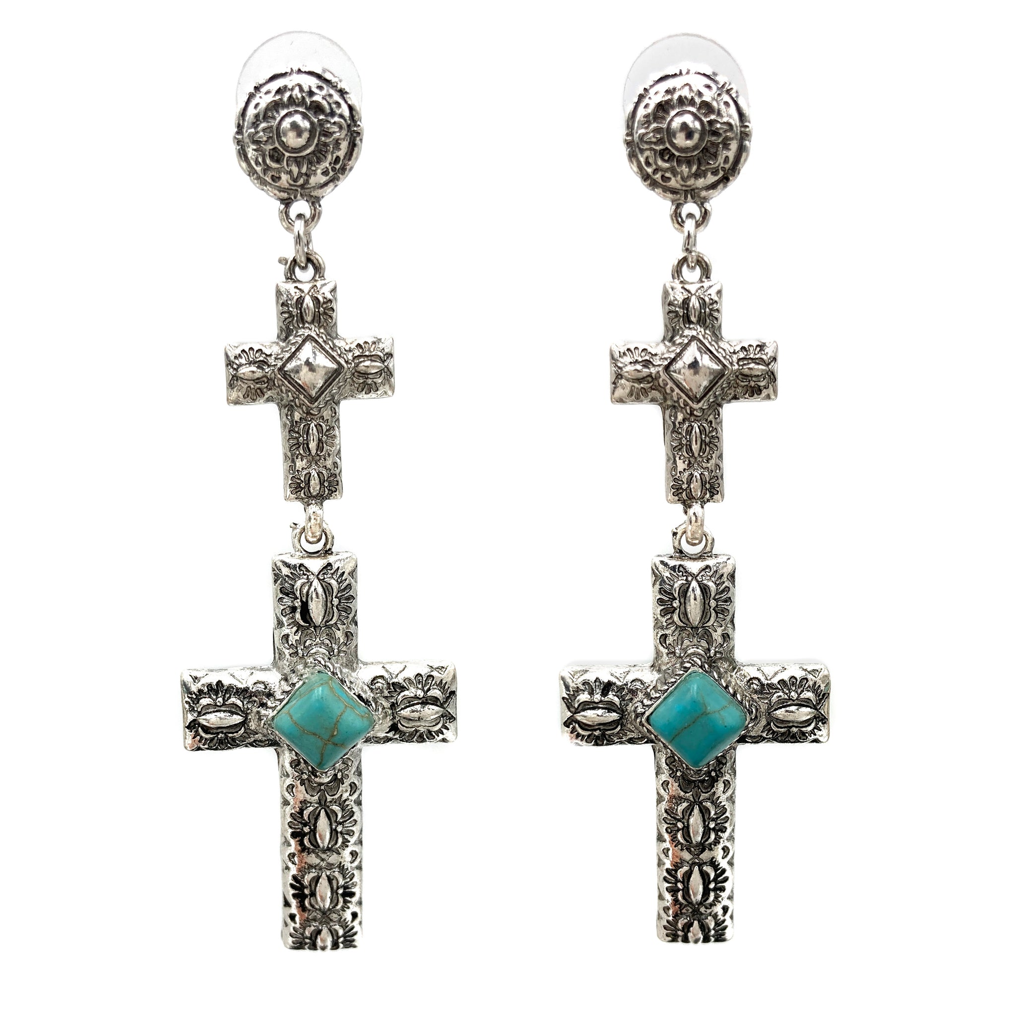 Western Native Cross Long Metal Dangle Earrings