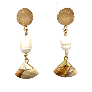 Gemstone Geode Pearl Stone Gold Dangle Earrings