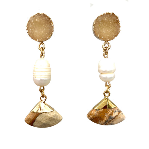 Gemstone Geode Pearl Stone Gold Dangle Earrings