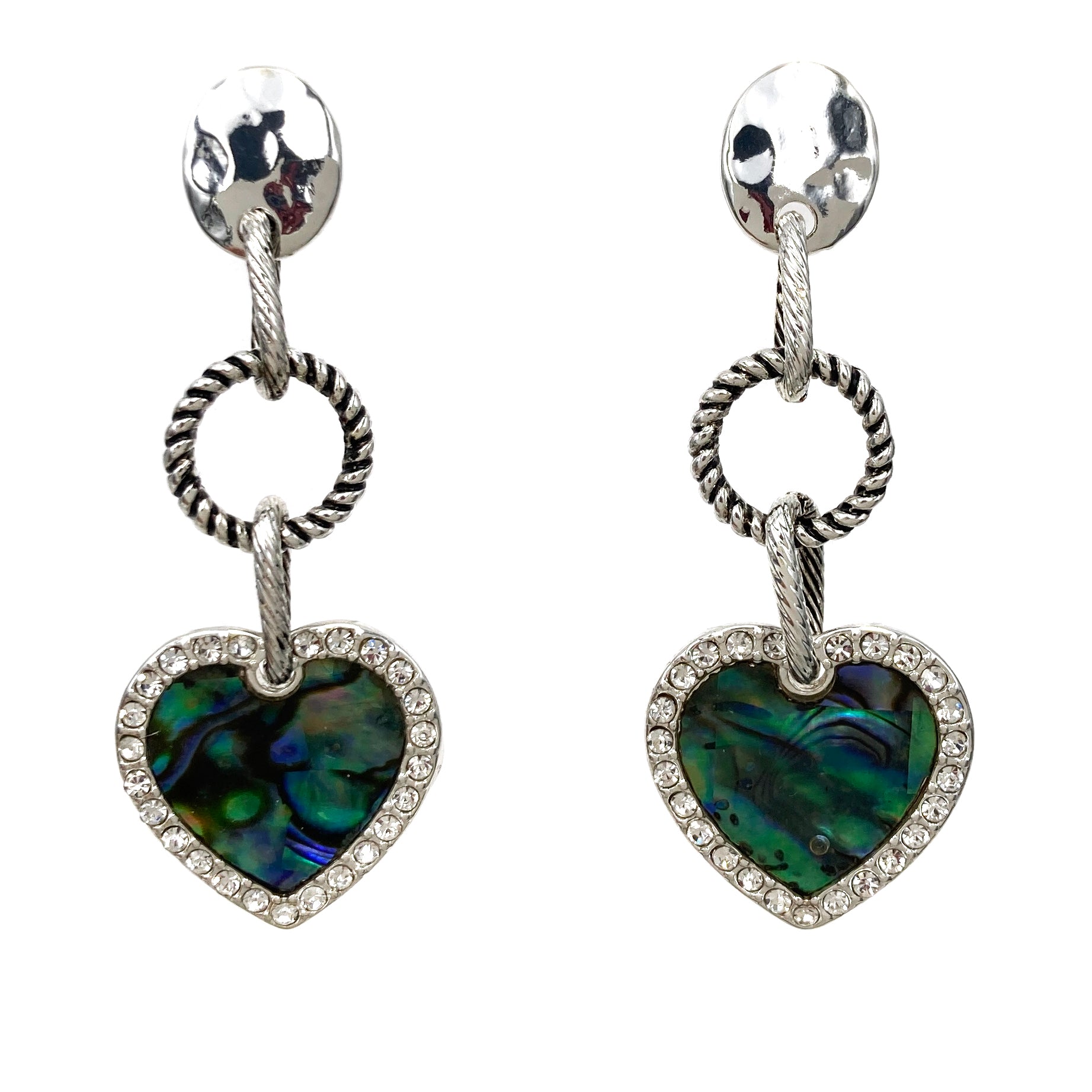 Abalone Shell Roped Heart Rhinestone Dangle Earrings