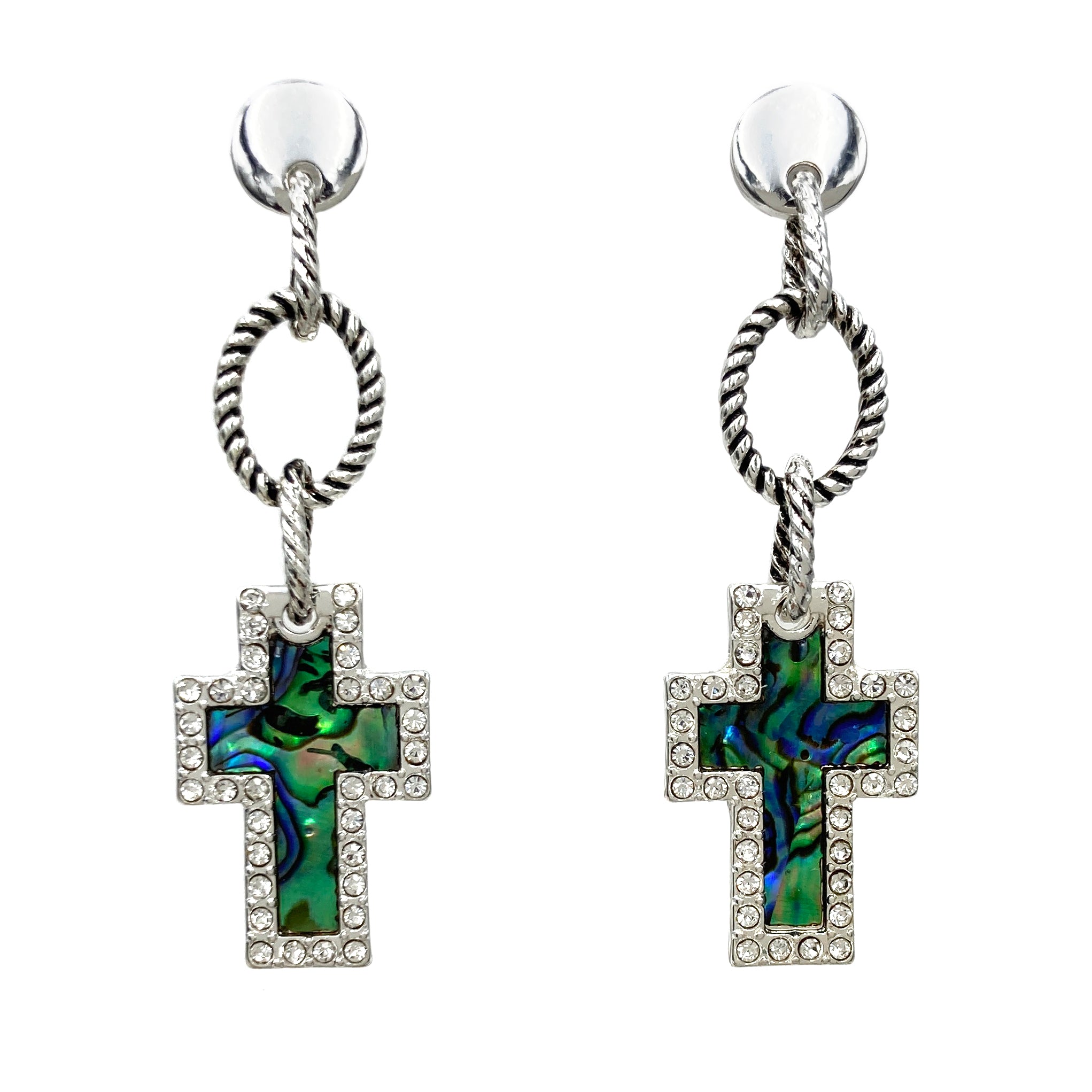 Abalone Shell Roped Cross Rhinestone Dangle Earrings