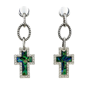 Abalone Shell Roped Cross Rhinestone Dangle Earrings