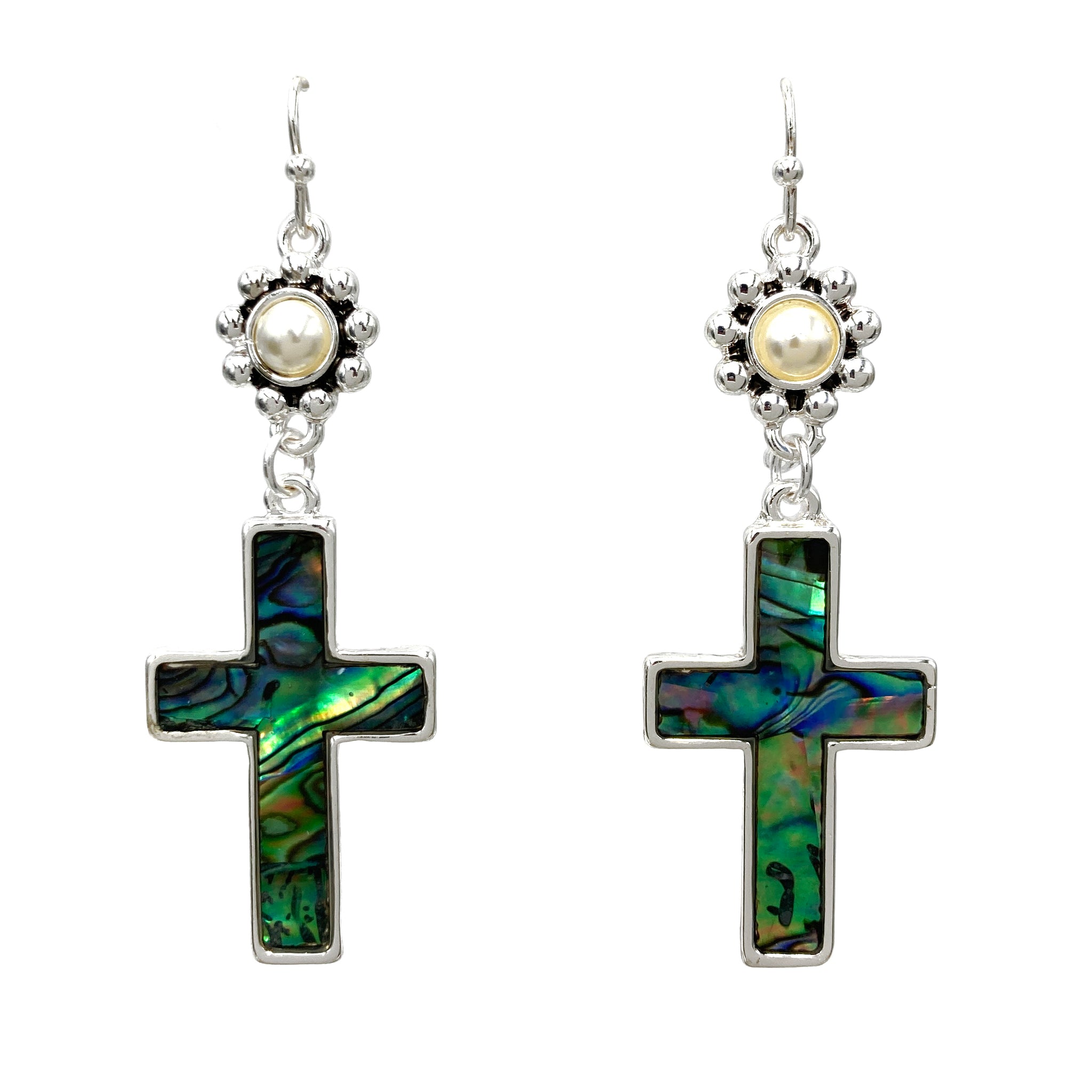 Abalone Shell Cross Pearl Dangle Earrings