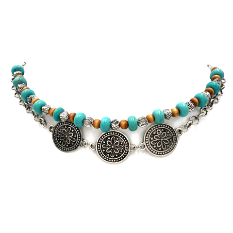 Western Flower Charm Chain Turquoise Beaded Choker Necklace