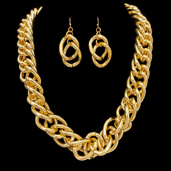 Large Metal Chain Collar Necklace Earrings Set