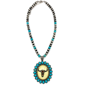 Turquoise Navajo Pearl Longhorn Art Pendant Necklace