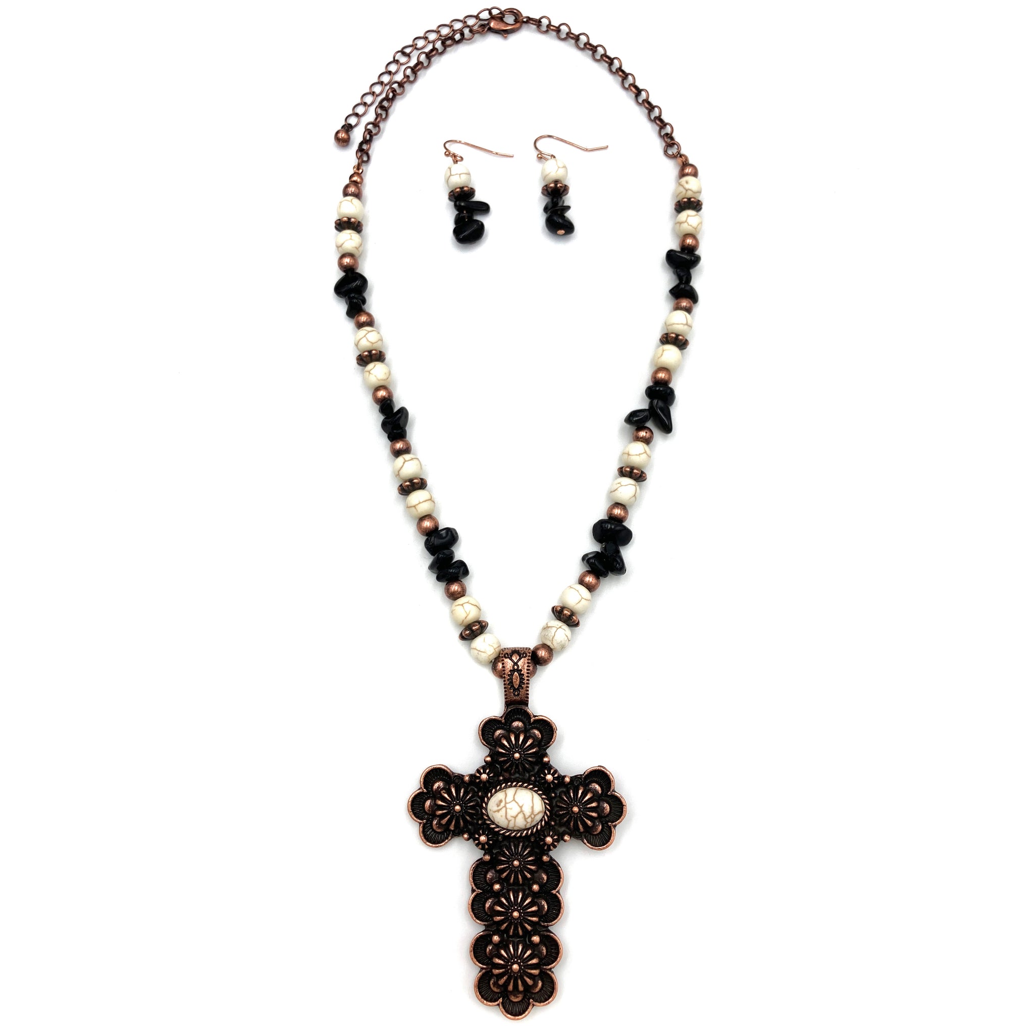 Cross Copper Rustic Beaded Necklace Earrings Set