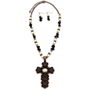 Cross Copper Rustic Beaded Necklace Earrings Set