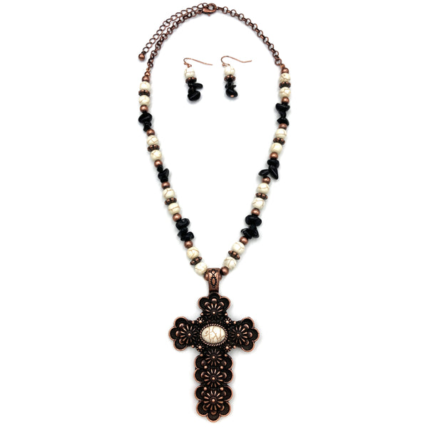 Cross Copper Rustic Beaded Necklace Earrings Set