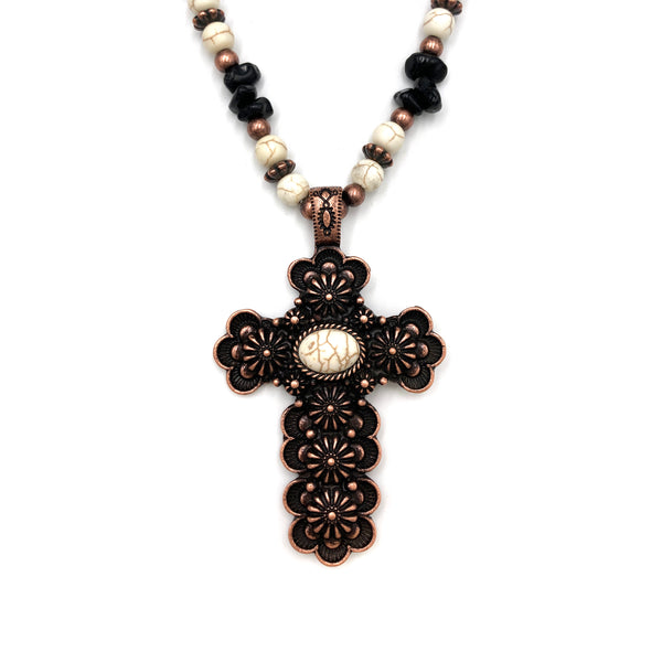 Cross Copper Rustic Beaded Necklace Earrings Set