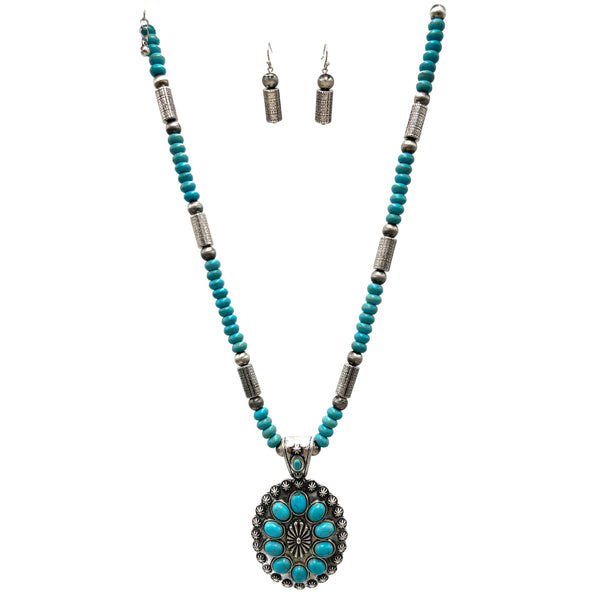 Turquoise Flower Concho Navajo Beads Necklace Earrings Set