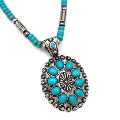 Turquoise Flower Concho Navajo Beads Necklace Earrings Set