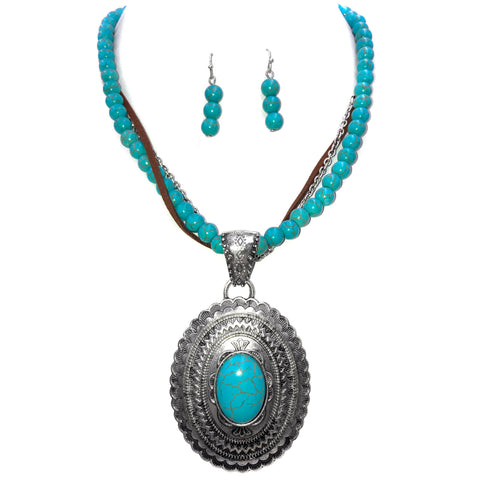 Western Oval Concho Turquoise Beads Necklace Earrings Set