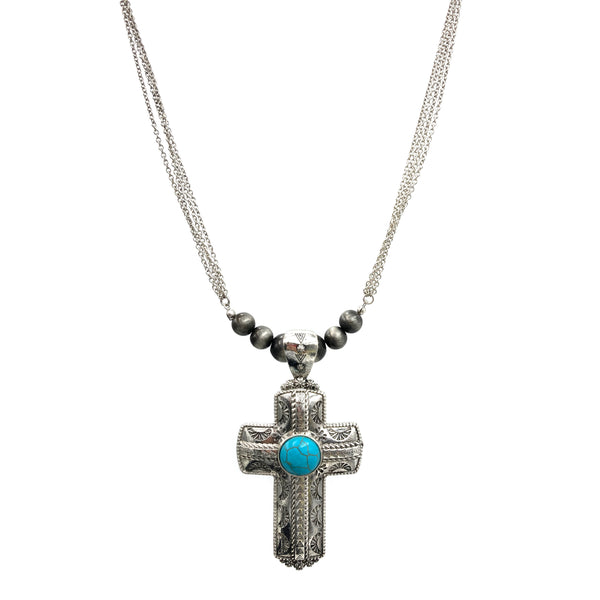 Turquoise Metal Cross Engraved Western Designs Necklace Earrings Set