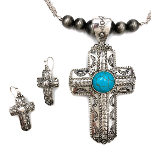 Turquoise Metal Cross Engraved Western Designs Necklace Earrings Set