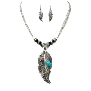 Large Feather Pendant Western Necklace Earrings Set