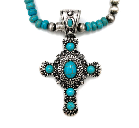 Turquoise Cross Navajo Bead Western Necklace Earrings Set