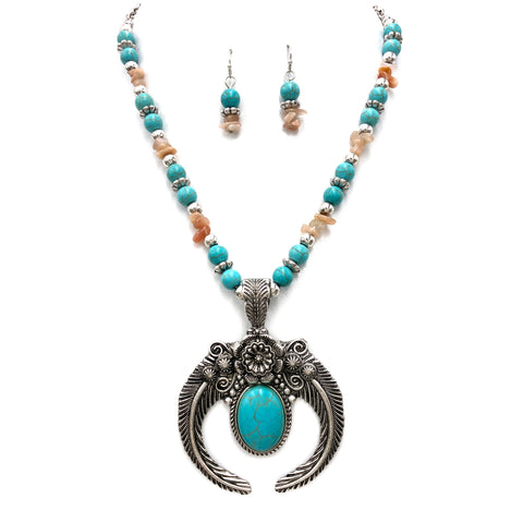 Squash Blossom Pendant Turquoise Gems Western Necklace Earrings Set