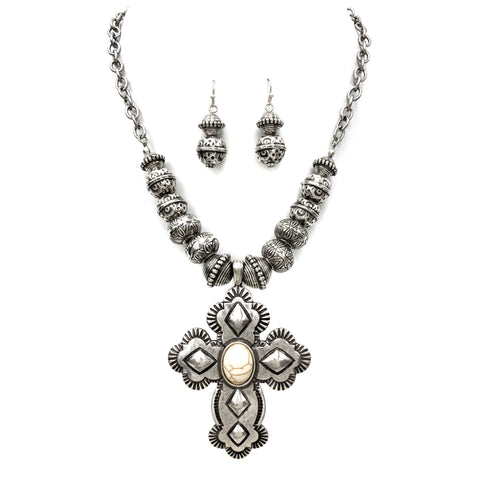 Cross Pendant Silver Western Beads Necklace Earrings Set