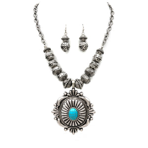 Concho Pendant Silver Western Beads Necklace Earrings Set