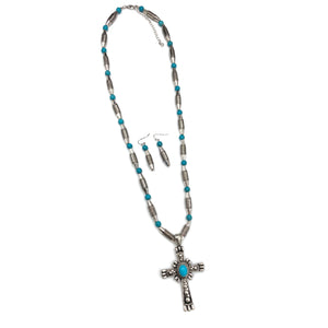 Turquoise Cross Western Beads Necklace Earrings Set