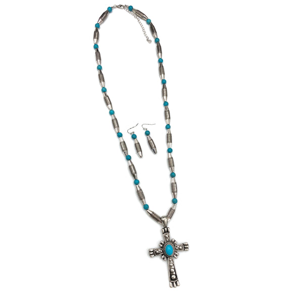 Turquoise Cross Western Beads Necklace Earrings Set