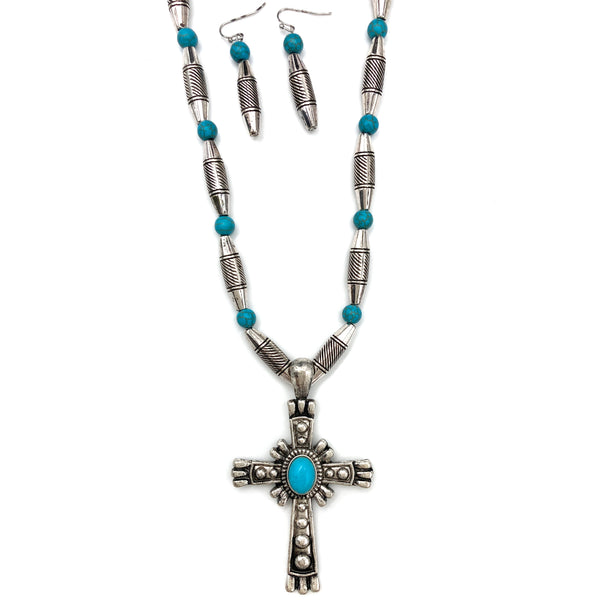 Turquoise Cross Western Beads Necklace Earrings Set