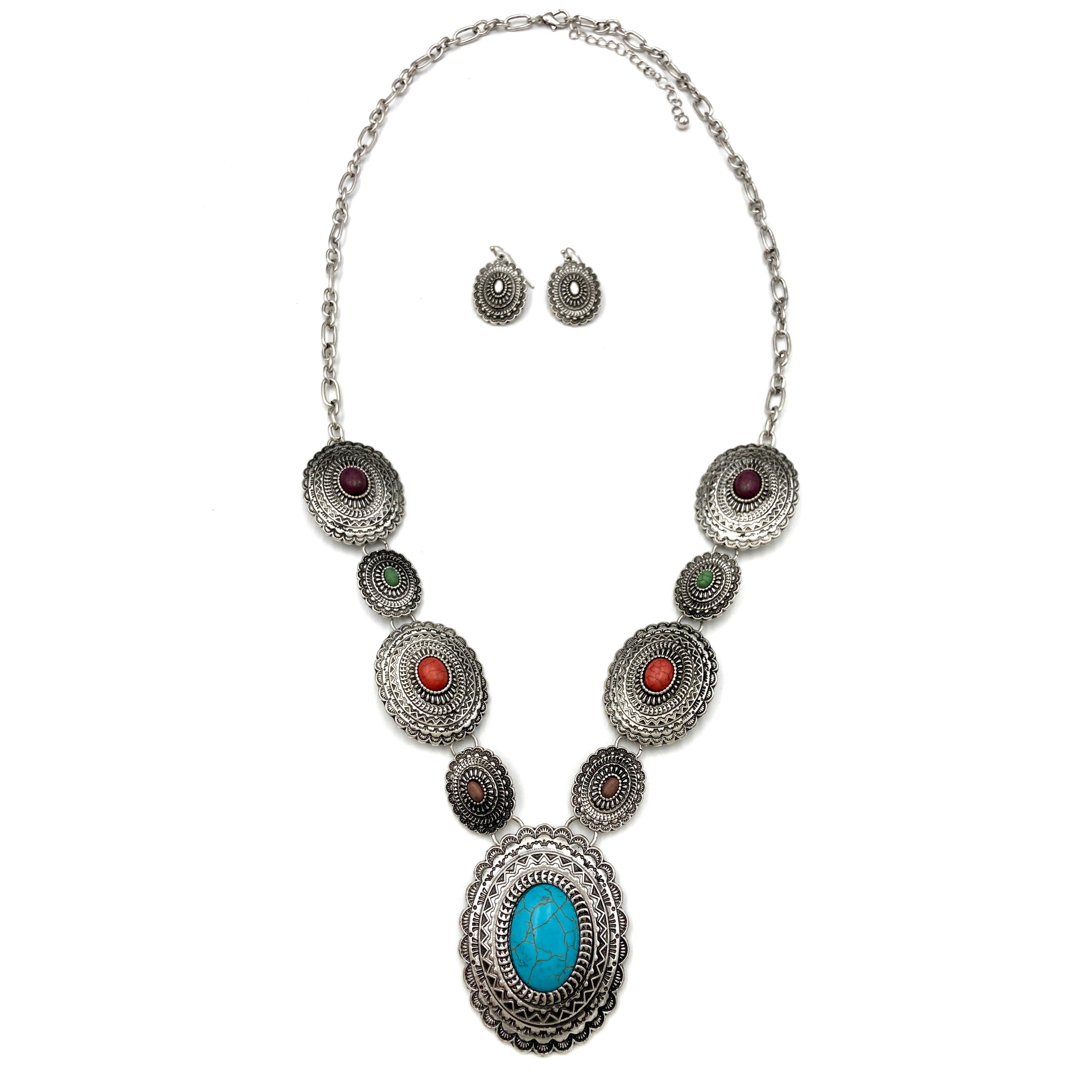 Western Star Burst Concho Necklace Earrings Set