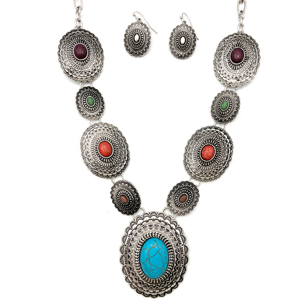 Western Star Burst Concho Necklace Earrings Set