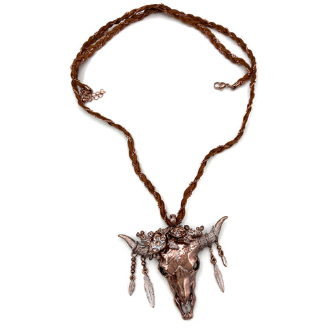 Longhorn Feather Pendant Copper Long Suede Chain Necklace