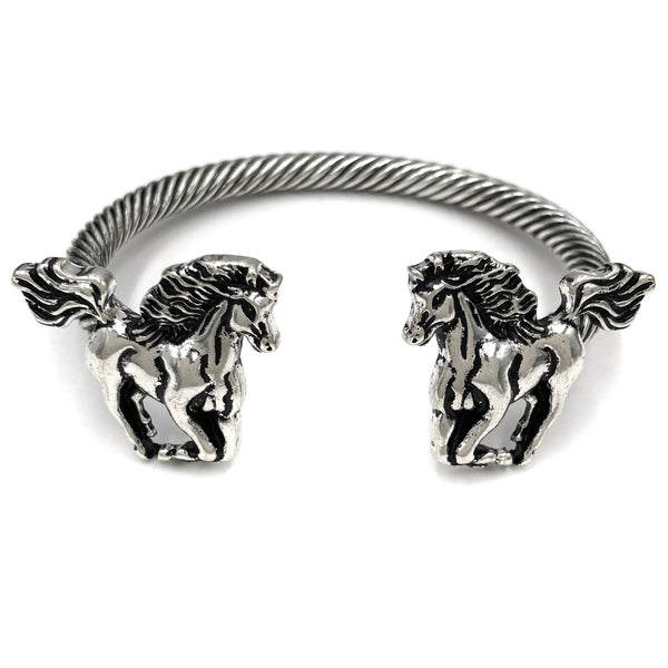 Silver Horse Charm Western Roped Open Bangle