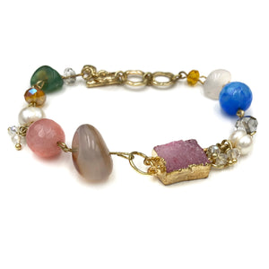 Semi Precious Multicolor Stone Gold Chain Bracelet